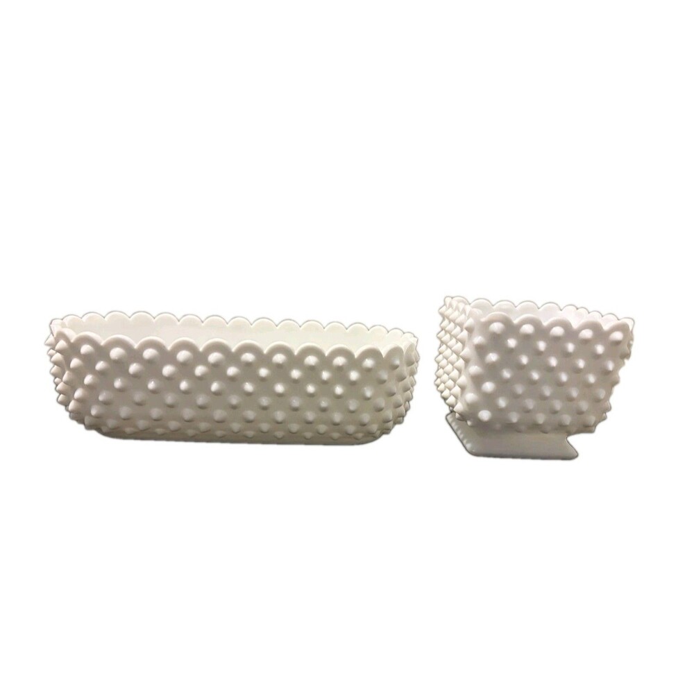 Vintage Fenton Hobnail Milk Glass Planters Set of 2 Oblong Square Footed